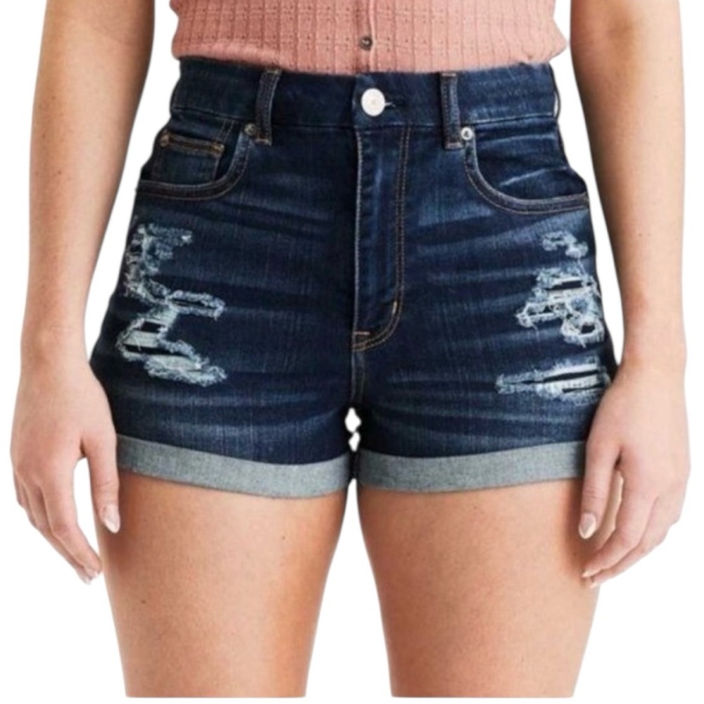 American Eagle Curvy Hi-Rise Shortie Jean Shorts Dark Wash Distressed Women’s 00 - Picture 3 of 8